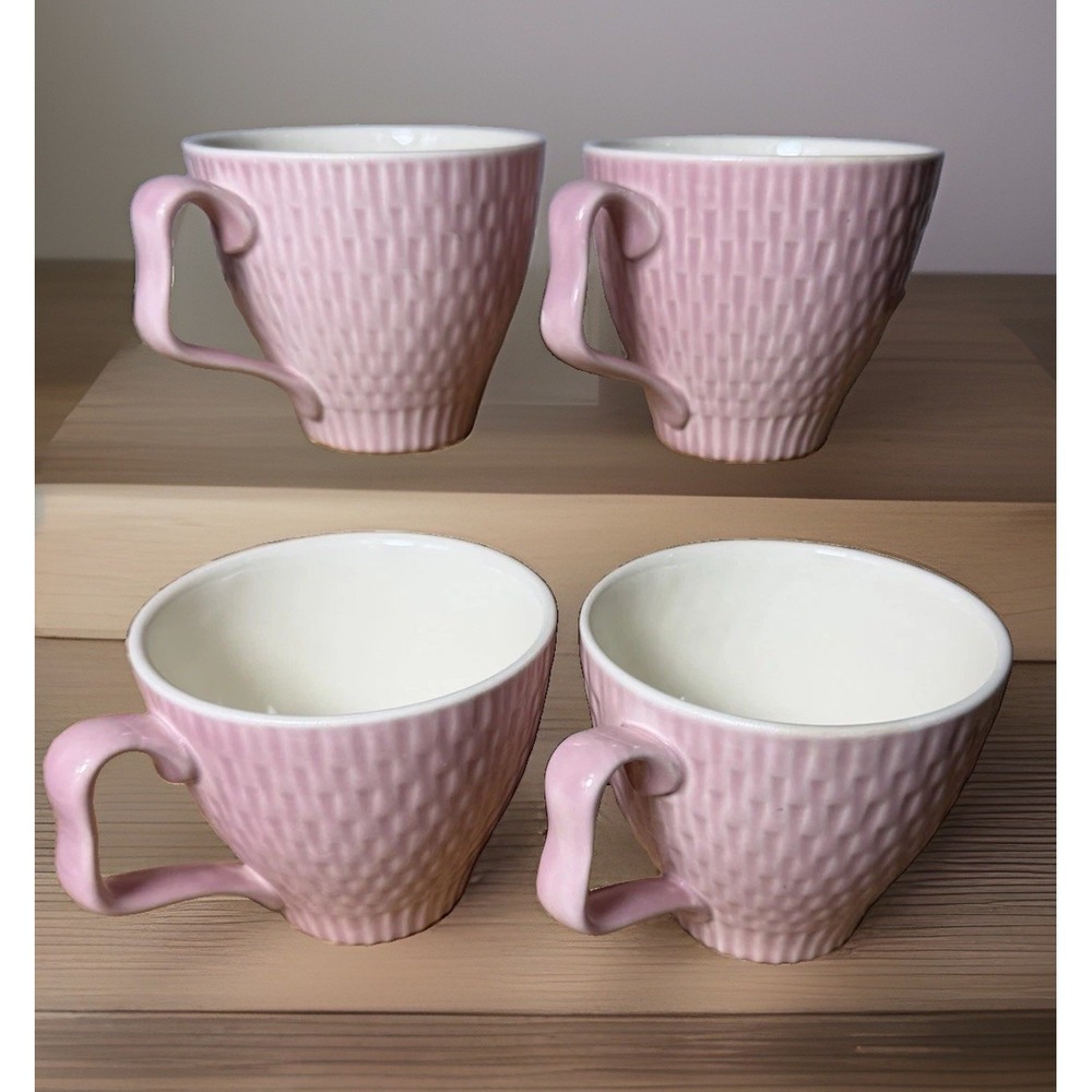 Vintage Mcm 50s Red Wing Capistrano Set Of 4 Pink Textured Basket Weave Tea Cup